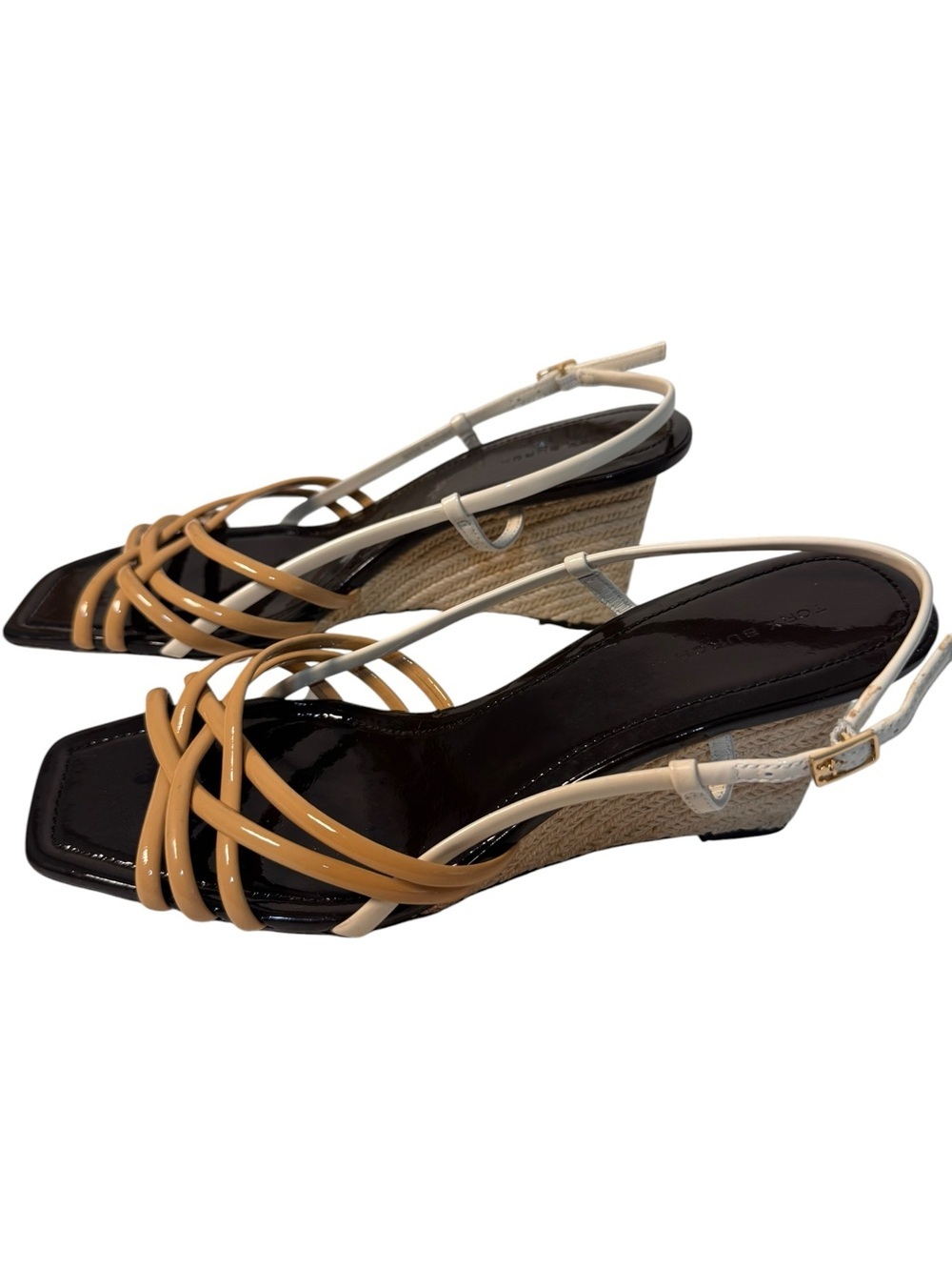 Tory Burch Multi-Strap Patent Leather Espadrille Wedge Sandals Size 9. NWT